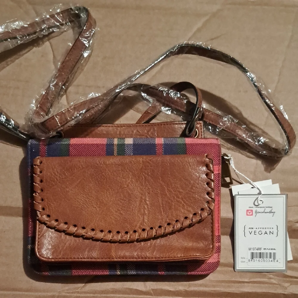 JEN &.CO.Classic Brown and Red Crossbody Bag with Leather Trim - Picture 1 of 7